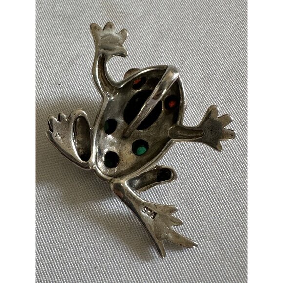 Signed STERLING Silver Marcasite Green Gemstone Frog Toad Pendant B11 - Picture 3 of 5